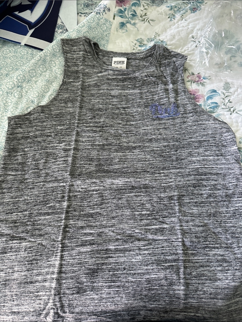 PINK Victoria's Secret Gray Marled Kids Tank with Blue Logo